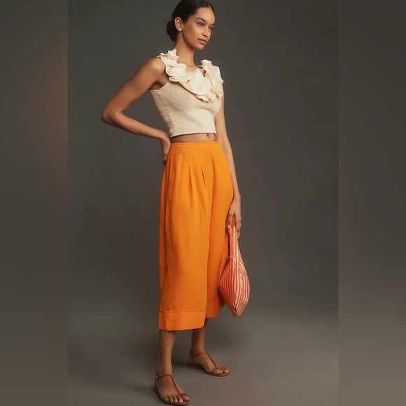 Anthropologie Maeve Linen Pleat-Front Wide-Leg Culottes Orange size 10 - Picture 14 of 16